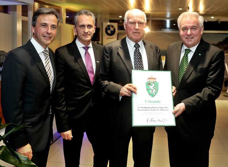 © Denzel Siegfried Nagl (Bürgermeister Graz), Rudolf Hofer (Leiter Denzel Kundencenter Graz), Peter Denzel (Vorstandsvorsitzender Denzel-Holding), Hermann Schützenhöfer (Landeshauptmann Steiermark) (v.l.).