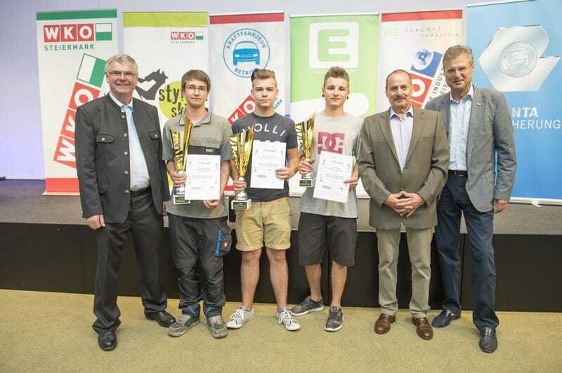 © LLW-STMK Josef Harb (Landesinnungsmeister), Hubert Griesebner (2. Platz), Daniel Scheiber (1. Platz), Klaus Grieser (3. Platz), Heinrich Baumann (Lehrlingswart), Karl- Heinz Dernoscheg (Direktor WK Steiermark) (v.l.).